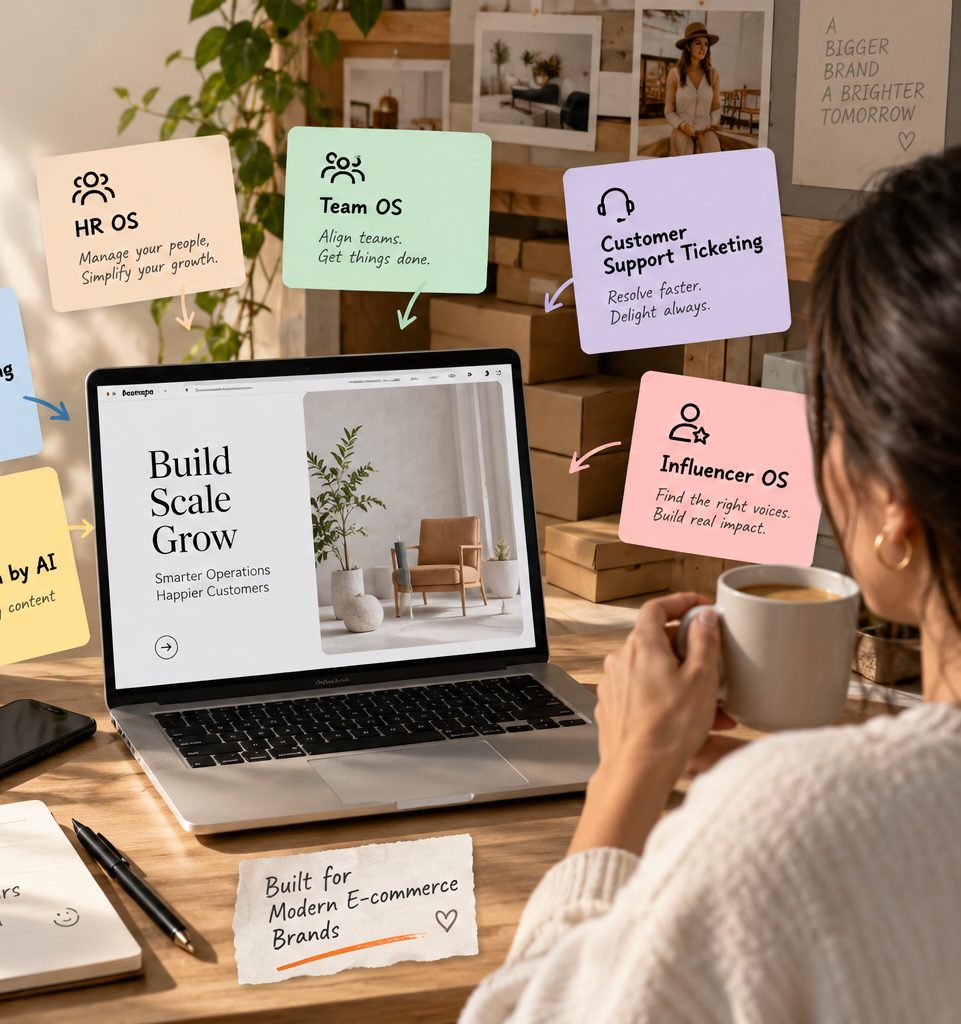 Everything your e-commerce business needs to grow: website design, AI creative automation, HR, team, support ticketing and influencer tools